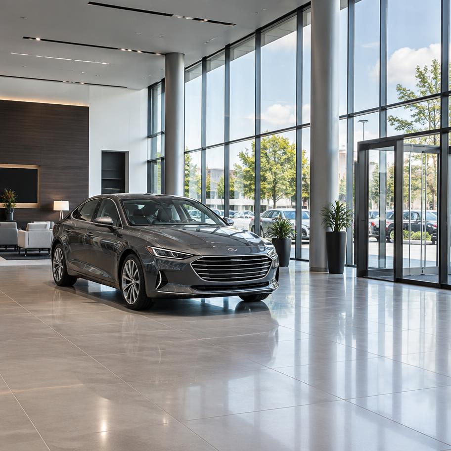 Car dealership showroom with polished floor and glass facade
