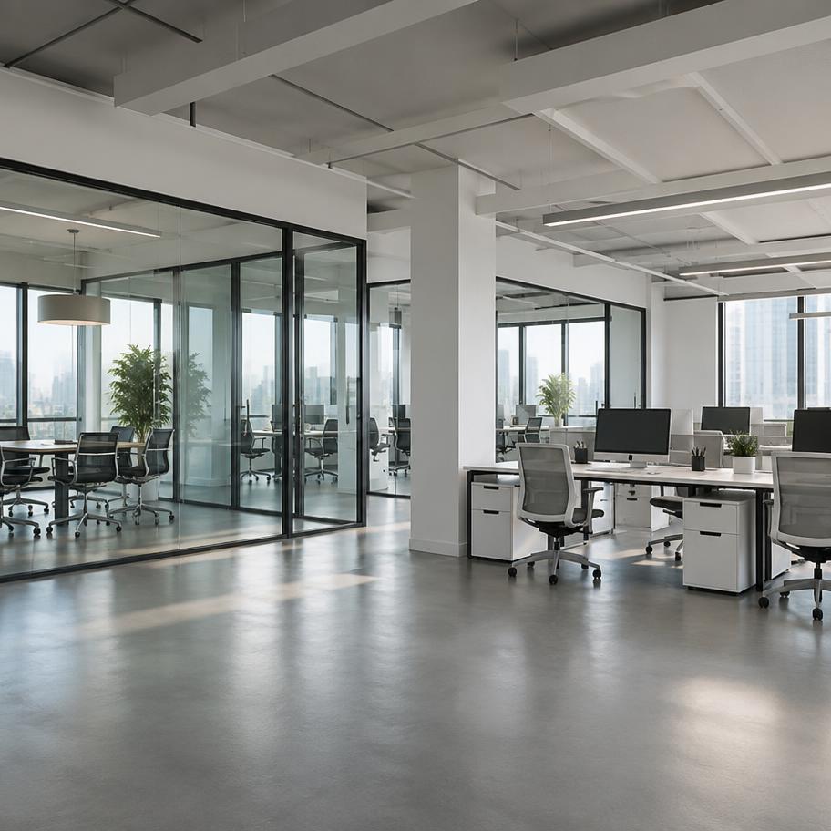 Open-plan office interior with glass partitions