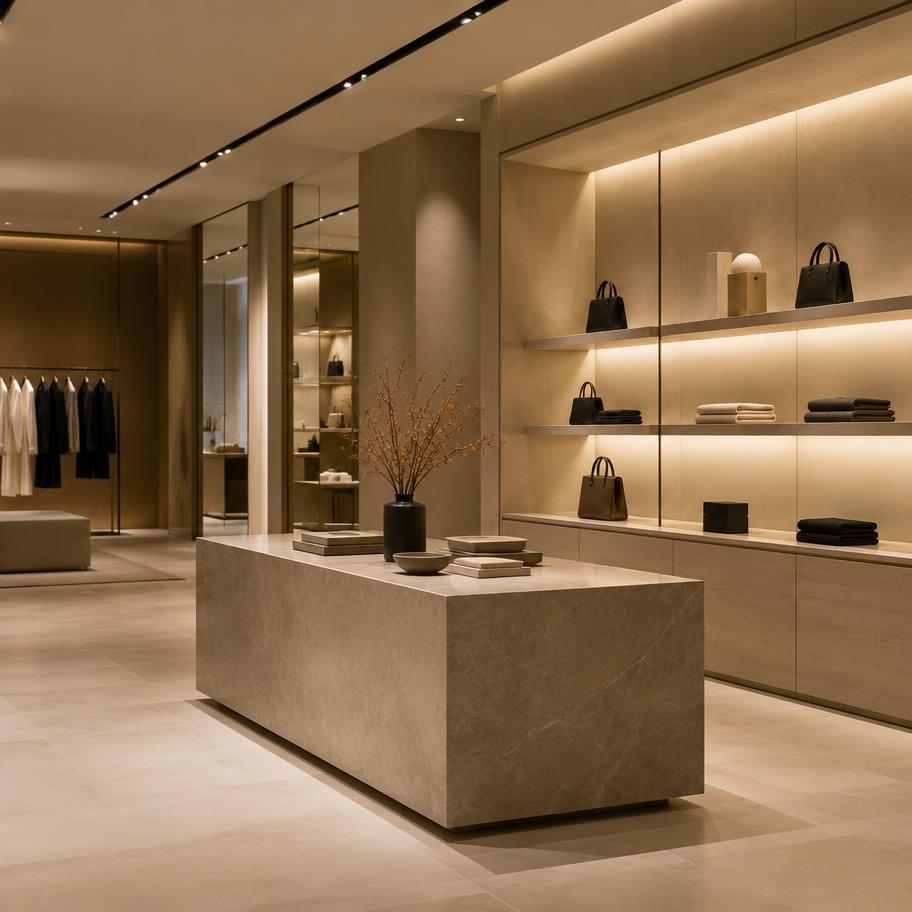 Minimal boutique retail interior with lit display shelving